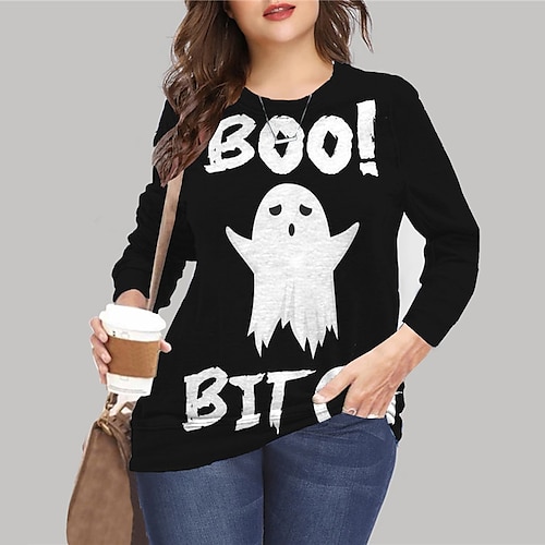 

Women's Plus Size Tops Pullover Sweatshirt Hoodie Sweatshirt Skull Letter Print Long Sleeve Crewneck Casual Halloween Halloween Daily Microfiber Fall Winter Black