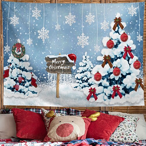 

Christmas Party Wall Tapestry Holiday Photography Background Santa Claus Christmas Tree Fireplace Gift Art Decor Blanket Curtain Hanging Home Bedroom Living Room Decoration Polyester