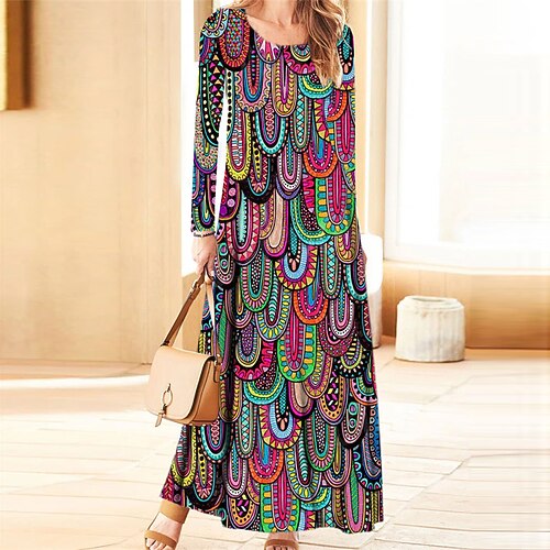 

Women's Casual Dress A Line Dress Maxi long Dress Rainbow Long Sleeve Floral Pocket Print Fall Winter V Neck Casual Vacation 2022 S M L XL XXL 3XL
