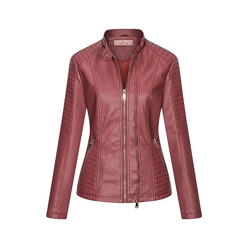 

Women's Faux Leather Jacket Windproof Warm Outdoor Street Daily Vacation Zipper Pocket Zipper Stand Collar Casual Street Style Solid Color Regular Fit Outerwear Long Sleeve Winter Fall Black Yellow