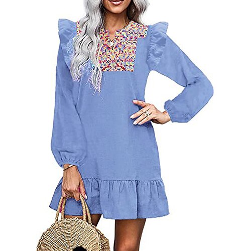 

Women's Casual Dress Short Mini Dress Short Mini Dress Blue Wine Red Long Sleeve Color Block Ruffle Print Fall Winter Round Neck Fashion Casual 2022 S M L XL / 3D Print