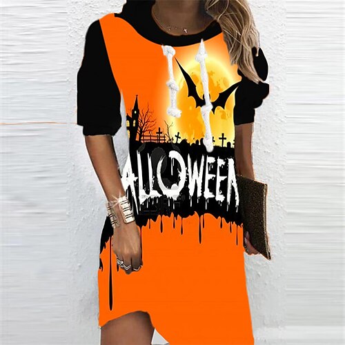 

Women's Hoodie Dress Shift Dress Short Mini Dress Halloween Yellow Long Sleeve Letter Print Fall Winter Hooded Vacation Casual 2022 S M L XL XXL 3XL / 3D Print