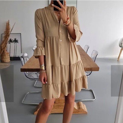 

Women's Casual Dress Shift Dress Knee Length Dress Apricot Half Sleeve Pure Color Ruffle Patchwork Fall Winter V Neck Stylish Casual 2022 S M L XL 2XL