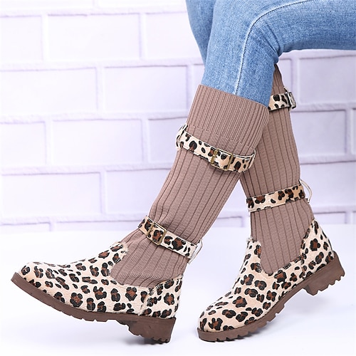 

Women's Boots Sock Boots Knee High Boots Buckle Chunky Heel Round Toe Casual Minimalism Outdoor Daily Synthetics Loafer Fall Winter Leopard Leopard Brown