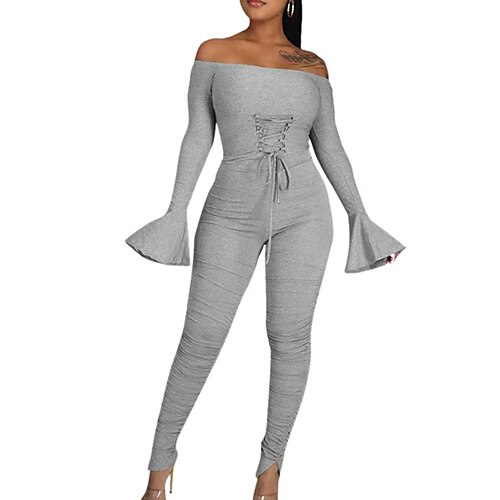 

Women's Jumpsuit Backless Drawstring Solid Color Off Shoulder Streetwear Home Street Regular Fit Long Sleeve Flare Cuff Sleeve Black Gray S M L Fall