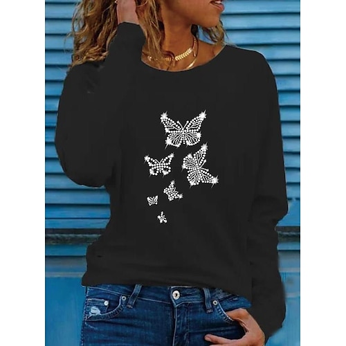 

Women's T shirt Tee Blue Red White Butterfly Sparkly Rhinestone Long Sleeve Casual Weekend Basic Round Neck Regular Butterfly S