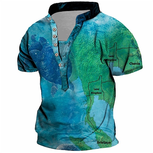 

Men's T shirt Tee Henley Shirt Tee Graphic Map Stand Collar Blue 3D Print Plus Size Outdoor Daily Short Sleeve Button-Down Print Clothing Apparel Basic Designer Casual Big and Tall / Summer / Summer