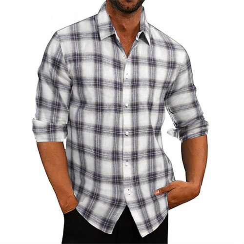 

Men's Shirt Check Shirt Plaid Check Shirt Turndown Sea Blue White Street Daily Long Sleeve Button-Down Clothing Apparel Basic Fashion Casual Comfortable