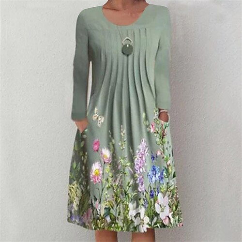 

Women's Casual Dress Green Blue Light Green Long Sleeve Floral Pocket Winter Fall Crew Neck Mature Winter Dress Weekend Fall Dress Loose Fit 2022 S M L XL XXL 3XL