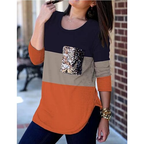 

Women's Blouse Shirt Orange Color Block Sequins Long Sleeve Daily Casual Round Neck Regular 3D Printed S