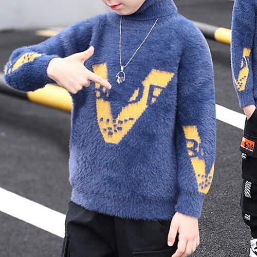 

Kids Boys Sweater Letter School Long Sleeve Active 3-13 Years Winter Blue Brown