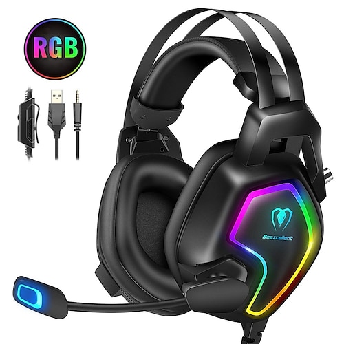 

Gaming Headset for Xbox One Series X/S PS4 PS5 PC Switch, Noise Canceling Headphones with Microphone, 3.5mm Audio Jack, Auto-Adjust Headband, RGB Light, Lightweight Wired Gaming Headphones