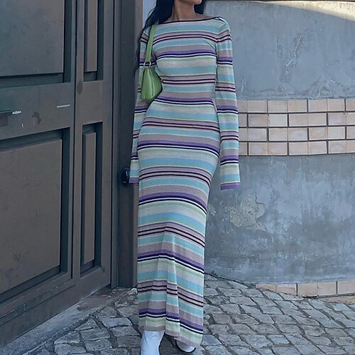 

Women's Casual Dress Sheath Dress Maxi long Dress Light Blue Long Sleeve Striped Backless Fall Winter Crew Neck Casual Mature 2022 S M L