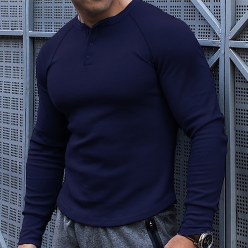 

Men's Henley Shirt Solid Color Henley Blue Street Holiday Long Sleeve Button-Down Clothing Apparel Casual Comfortable / Spring