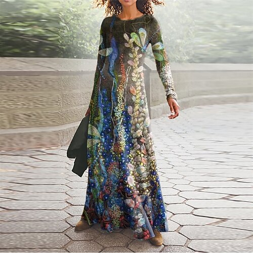 

Women's Casual Dress A Line Dress Maxi long Dress Green Purple Yellow Long Sleeve Floral Pocket Print Fall Winter V Neck Vacation Casual 2022 S M L XL XXL 3XL