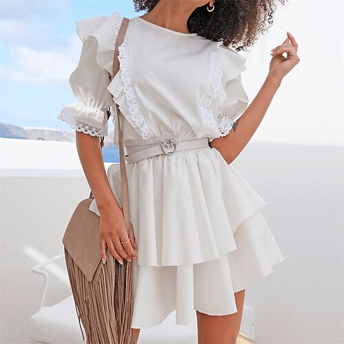 

Women's A Line Dress Short Mini Dress White Half Sleeve Pure Color Lace up Lace Ruched Fall Winter Round Neck Stylish Modern 2022 S M L XL