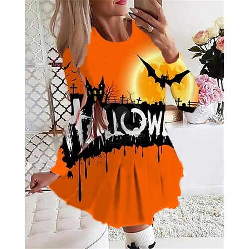 

Women's Casual Dress Swing Dress Short Mini Dress Blue Yellow Orange Brown White Long Sleeve Geometric Letter Pumpkin Print Fall Winter Round Neck Vacation Casual Halloween 2022 S M L XL 2XL 3XL 4XL