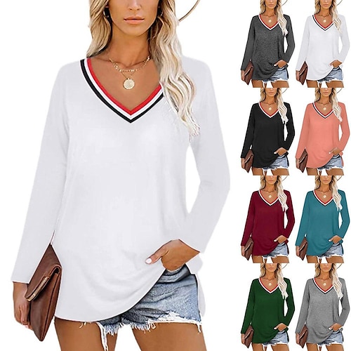 

Women's T shirt Tee Stripe Solid Colored Basic V Neck Standard Spring Pink Dark Grey White Black