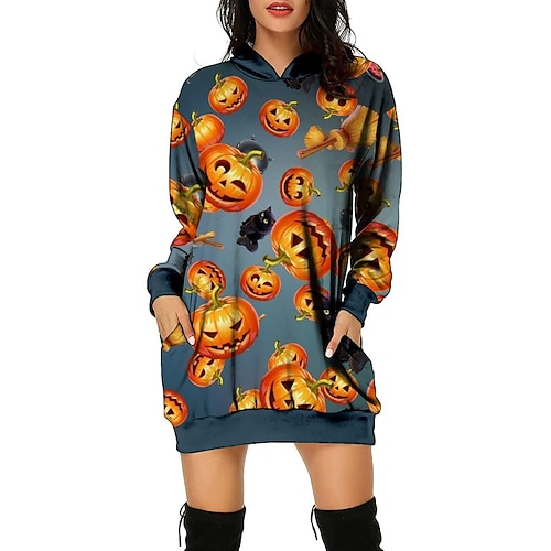 

Women's Pullover Hoodie Dress Skull Pumpkin Pocket Print Halloween Weekend 3D Print Active Streetwear Clothing Apparel Hoodies Sweatshirts Black Blue