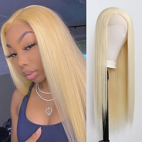 

Blonde #613 Synthetic Lace Front Wigs for Women Long Straight Hair Natural Hairline Hand Tied Middle Part Heat Resistant Fiber Daily Wear Wig