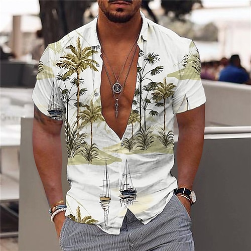 

Men's Shirt Coconut Tree Turndown White Short Sleeves 3D Print Outdoor Street Button-Down Print Tops Fashion Designer Casual Breathable / Summer / Spring / Summer
