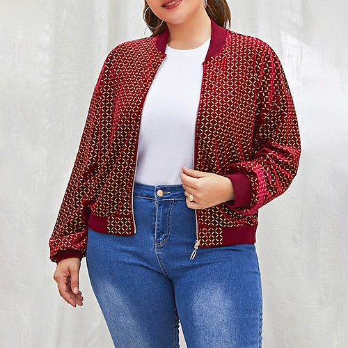 

Women's Plus Size Winter Jacket Jacket Zip Up Plaid Outdoor Causal Long Sleeve Standing Collar Regular Winter Fall Wine XL XXL 3XL