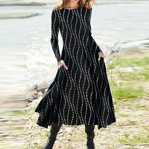 

Women's Casual Dress Swing Dress Midi Dress Black Long Sleeve Geometric Pocket Winter Fall Autumn Winter Dress Fall Dress 2022 S M L XL XXL 3XL