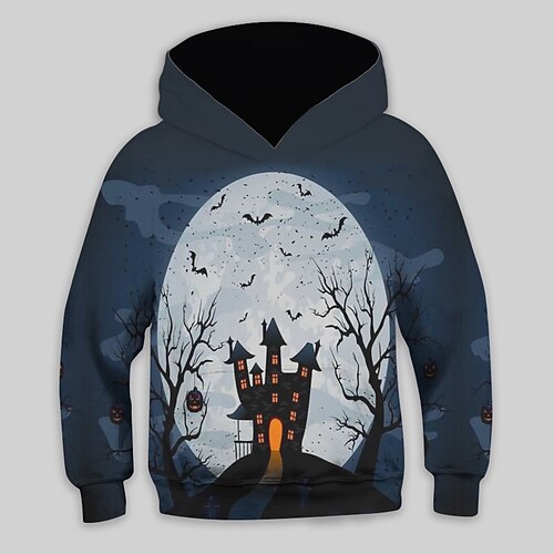 

Kids Boys Halloween Hoodie Halloween pattern Outdoor 3D Print Long Sleeve Pocket Active 3-13 Years Winter Navy Blue