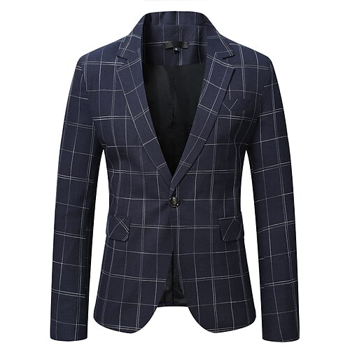 

Men's Office Blazer Regular Standard Fit Checkered Single Breasted One-button Navy Blue 2022