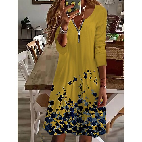 

Women's Casual Dress Shift Dress Pink Yellow White Long Sleeve Floral Zipper Winter Fall Autumn Crew Neck Fashion Winter Dress Weekend Fall Dress 2022 L XL XXL XXXL 4XL 5XL 6XL