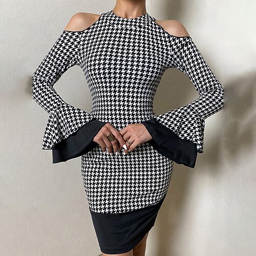 

Women's Sheath Dress Plaid Dress Formal Dress Black Long Sleeve Houndstooth Patchwork Winter Fall Autumn Mature Winter Dress Fall Dress Slim 2022 XS S M L