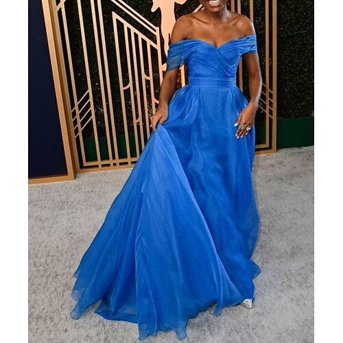 

A-Line Prom Dresses Celebrity Style Dress Formal Court Train Short Sleeve Off Shoulder Organza with Pure Color 2022