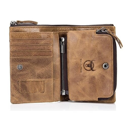 

Men's Wallet Cowhide Zipper Solid Color Daily Office & Career Brown