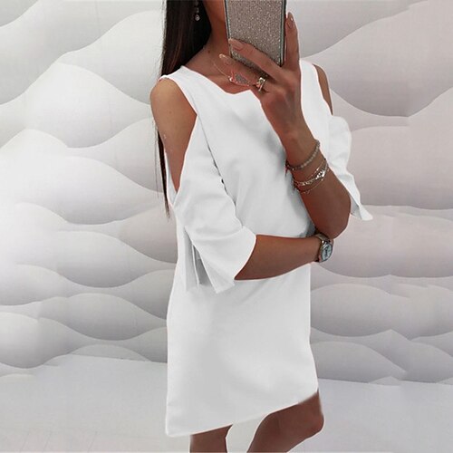 

Women's Casual Dress Shift Dress Short Mini Dress Green White Black Pink Fuchsia Half Sleeve Pure Color Cold Shoulder Fall Winter Round Neck Casual Classic 2022 S M L XL XXL 3XL