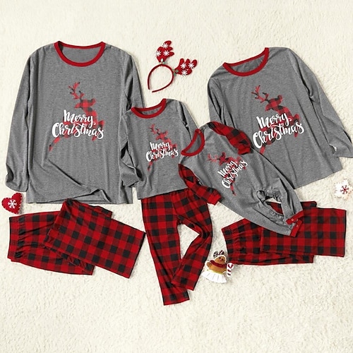 

Christmas Pajamas Family Set Ugly Plaid Deer Christmas pattern Home Gray Long Sleeve Mom Dad and Me Daily Matching Outfits