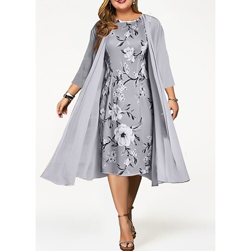 

Women's Plus Size Dress Set Floral Round Neck Ruched 3/4 Length Sleeve Fall Winter Stylish Formal Midi Dress Date Work Dress / Layered / Print