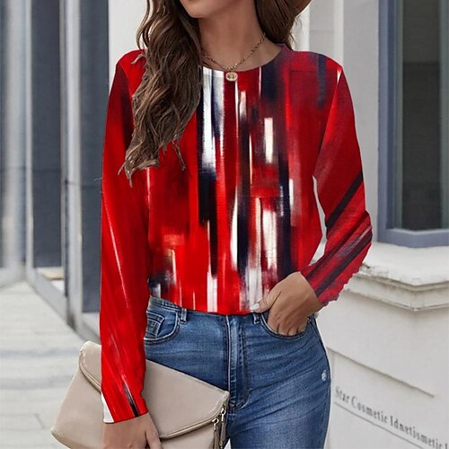

Women's T shirt Tee Red Graphic Geometric Print Long Sleeve Casual Daily Vintage Round Neck Regular Geometric Painting S / 3D Print