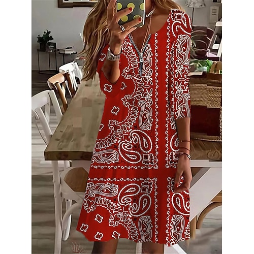 

Women's Casual Dress A Line Dress Knee Length Dress Black Wine Navy Blue Long Sleeve Floral Geometric Zipper Print Fall Winter V Neck Vacation Casual 2022 S M L XL 2XL 3XL 4XL 5XL 6XL