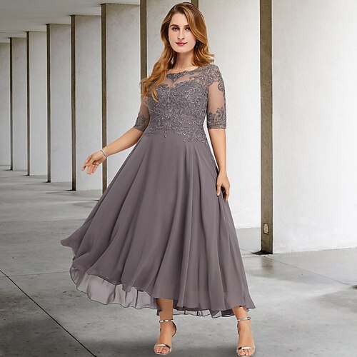 

A-linje Plus Size Curve Mother of the Bride-kjoler Elegant Kjole Formell Asymmetrisk Halvlange ermer Besmykket Chiffon med Perlearbeid Appliqué 2023