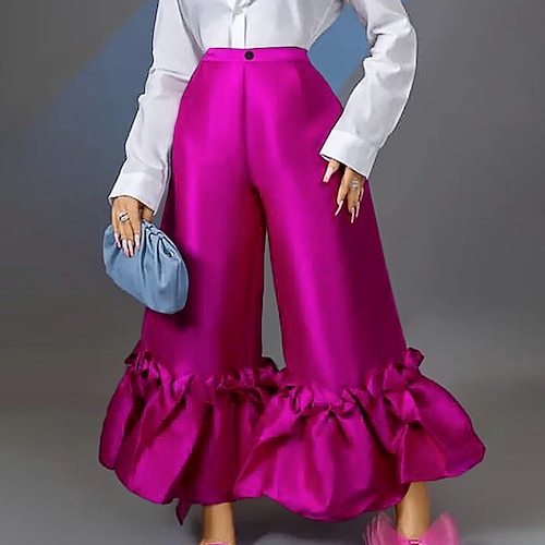

Women's Plus Size Wide Leg Pants Ruffle Solid Color Streetwear Party Vacation High Full Length Fall Winter Green Black Rose Red L XL XXL 3XL 4XL