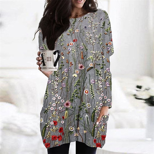 

Women's Casual Dress Floral Dress Short Mini Dress Dark Gray Long Sleeve Floral Pocket Print Fall Winter Round Neck Casual 2022 XS S M L XL XXL 3XL 4XL 5XL 6XL