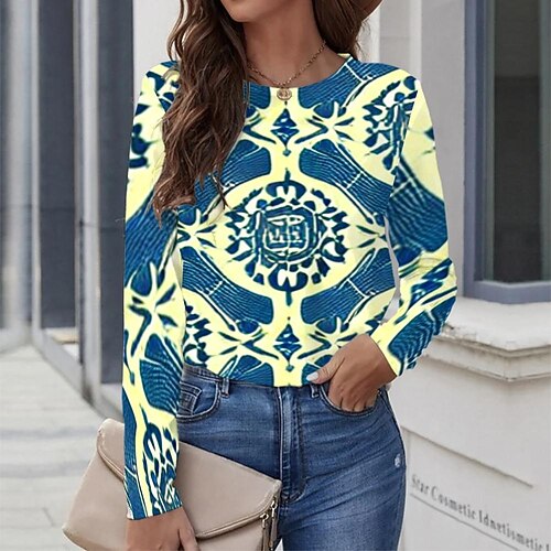 

Women's T shirt Tee Green Graphic Geometric Print Long Sleeve Casual Daily Vintage Round Neck Regular Geometric Painting S / 3D Print
