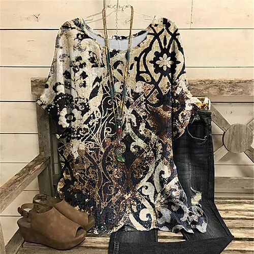 

Women's Plus Size Tops Blouse Shirt Floral Print Short Sleeve Crewneck Streetwear Daily Vacation Polyester Fall Spring White Blue