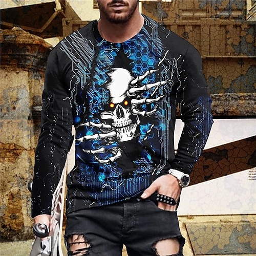 

Men's Unisex T shirt Tee Skull Graphic Prints Crew Neck Blue 3D Print Outdoor Street Long Sleeve Print Clothing Apparel Basic Sports Designer Casual
