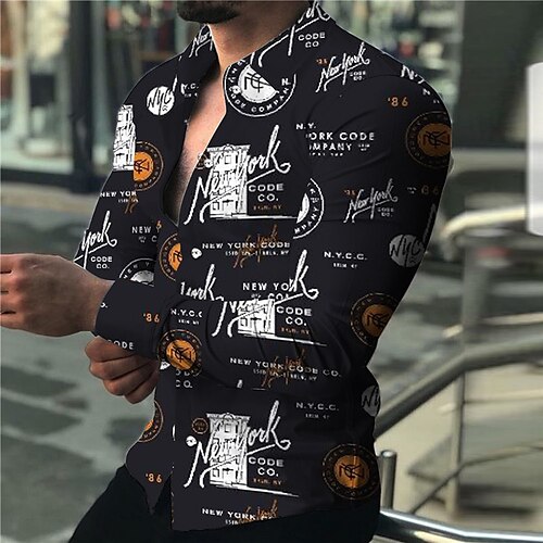 

Men's Shirt Graphic Shirt Letter Turndown Black 3D Print Outdoor Street Long Sleeve Button-Down Print Clothing Apparel Fashion Designer Casual Breathable