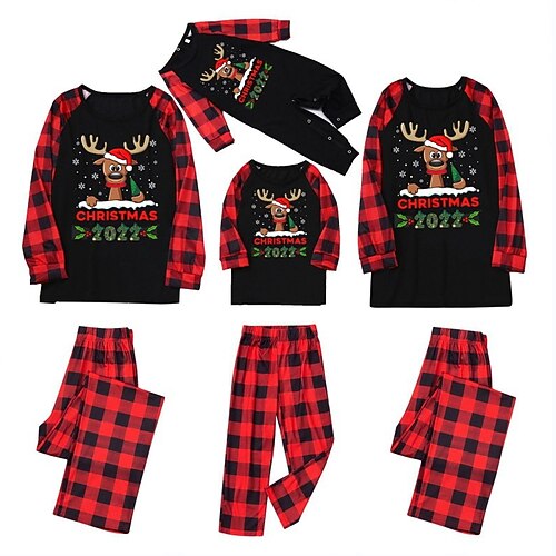 

Family Look Christmas Pajamas Plaid Letter Home Red Long Sleeve Daily Matching Outfits