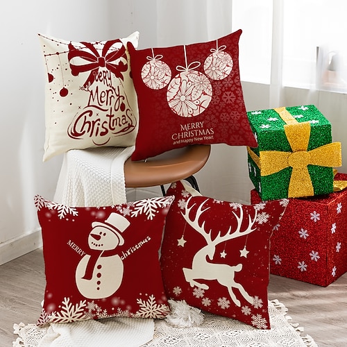 

Christmas Party Double Side Throw Pillow Cover 4PC Santa Claus Noel Soft Decorative Square Cushion Pillowcase for Bedroom Livingroom Sofa Couch Chair Machine Washable