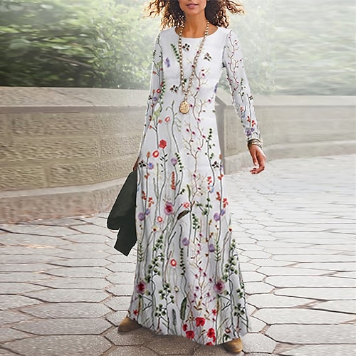 

Women's Casual Dress Swing Dress Maxi long Dress White Long Sleeve Floral Pocket Print Fall Winter V Neck Vacation Casual 2022 S M L XL XXL 3XL