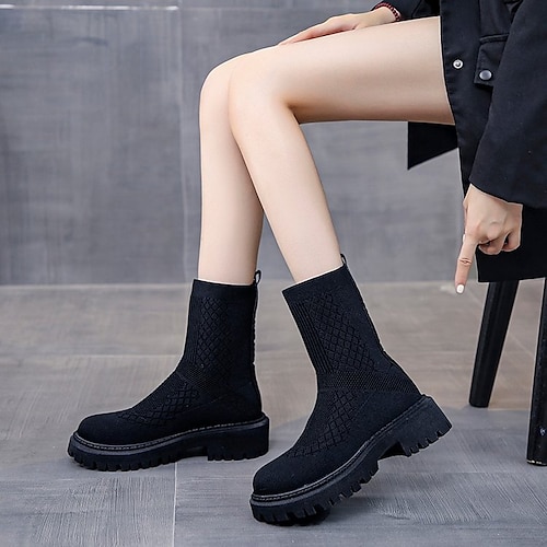 

Women's Boots Daily Combat Boots Booties Ankle Boots Winter Block Heel Round Toe Casual Minimalism Knit Loafer Solid Colored Black Beige