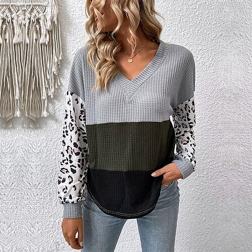 

casual fashion tops long sleeve v-neck leopard print contrast knit sweater